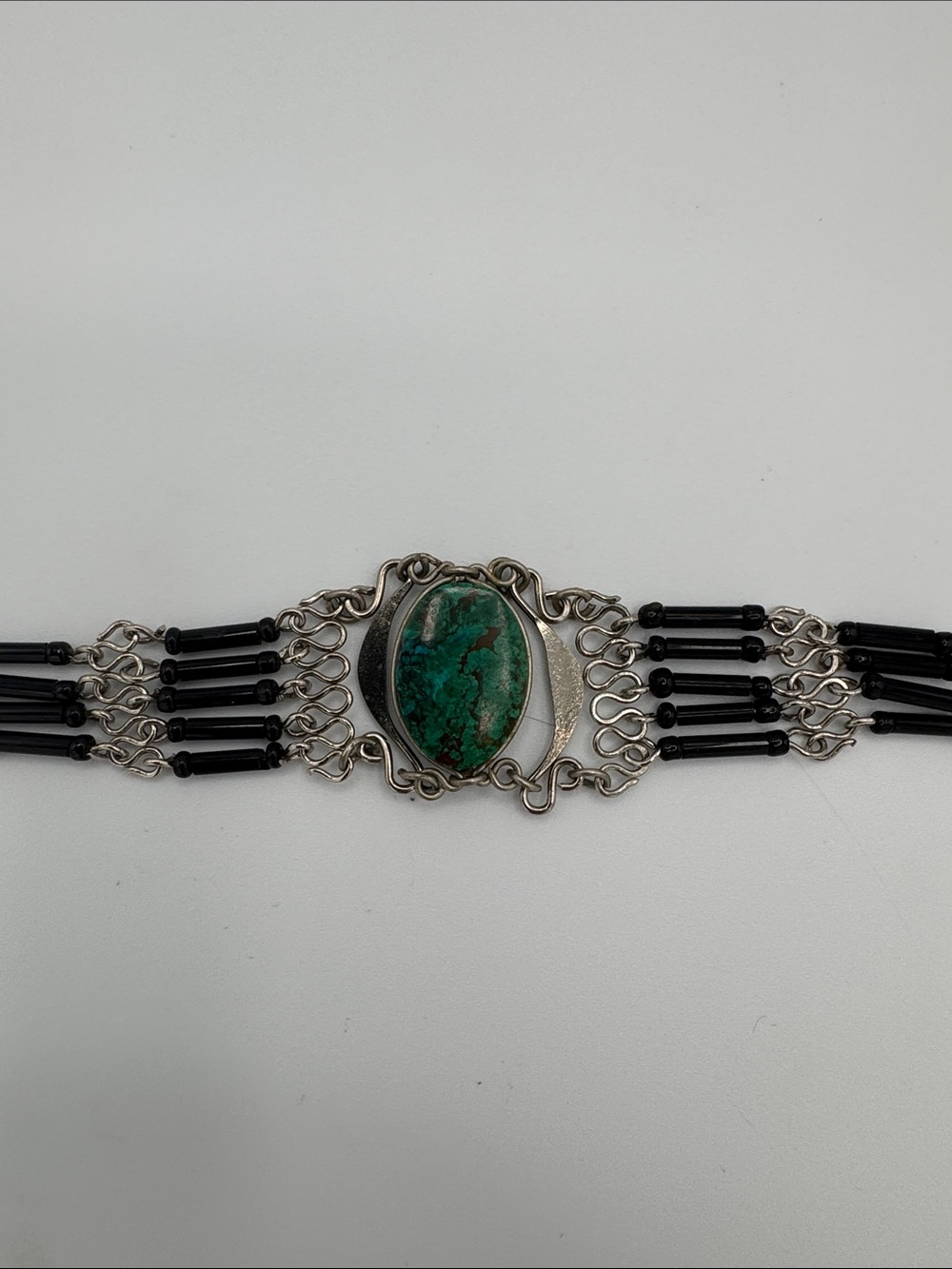 Silver Bracelet with Green Turquoise Cabochon and Black Beads